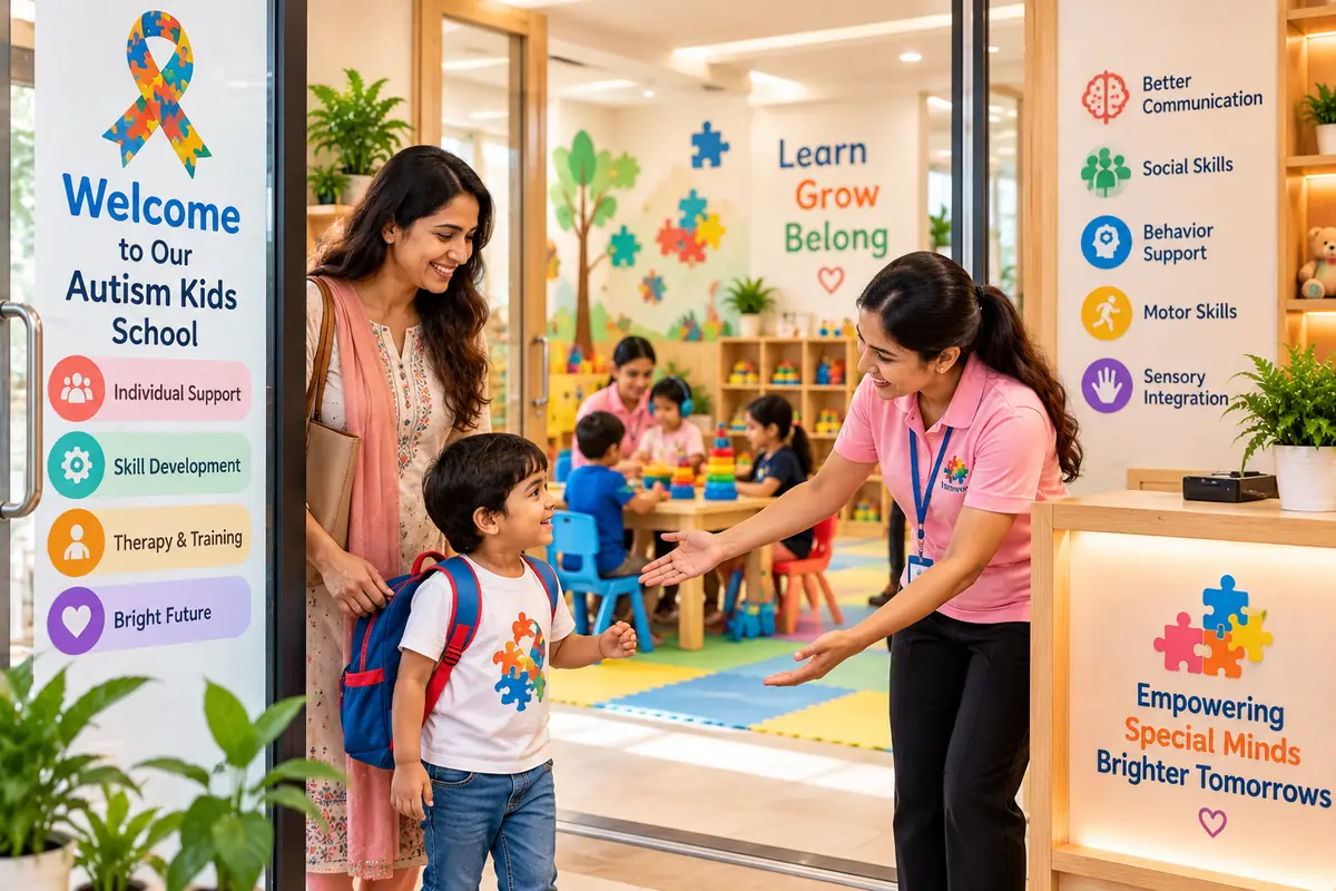 Autistic child arriving at the entrance of our autism-friendly activity centre in Rajeev Nagar, Patna
