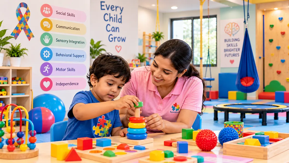 Autistic child using sensory learning material at Kids Activity & Gymnastics Centre, Rajeev Nagar, Patna