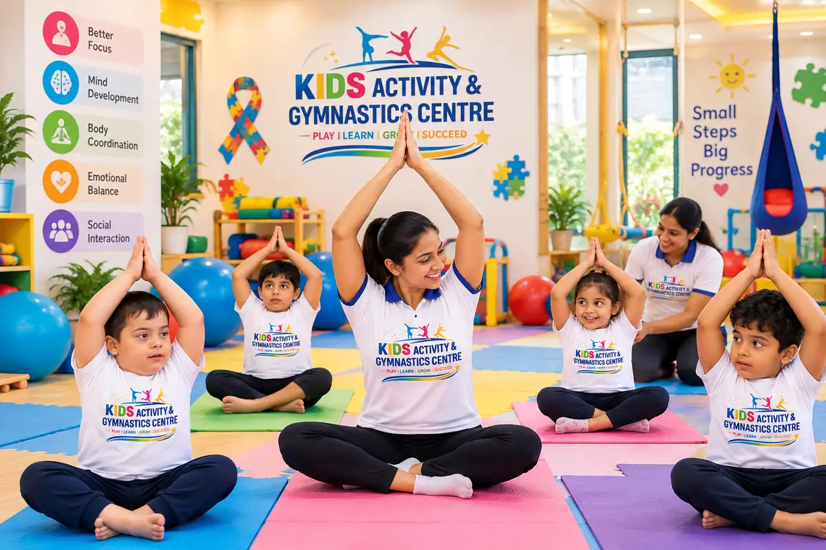 Autism-friendly kids yoga session with soft, slow movements at our Rajeev Nagar centre in Patna