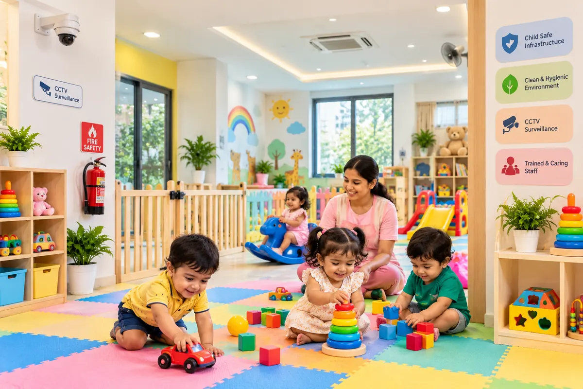 Bright baby day care classroom with activity corners at Kids Activity Centre, Rajeev Nagar, Patna