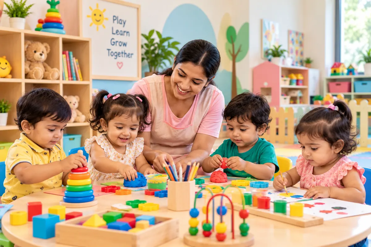 Toddlers doing an early-learning table activity at our Patna baby day care, Rajeev Nagar