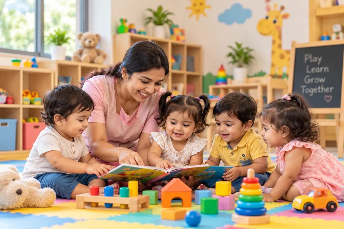 Clean baby day care playroom with soft mats and age-safe toys at our Patna centre, Rajeev Nagar