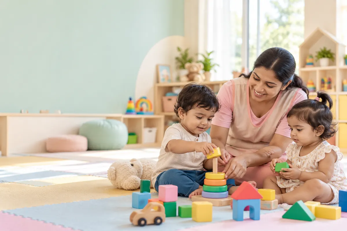 Toddlers at supervised playtime inside our baby day care in Rajeev Nagar, Patna