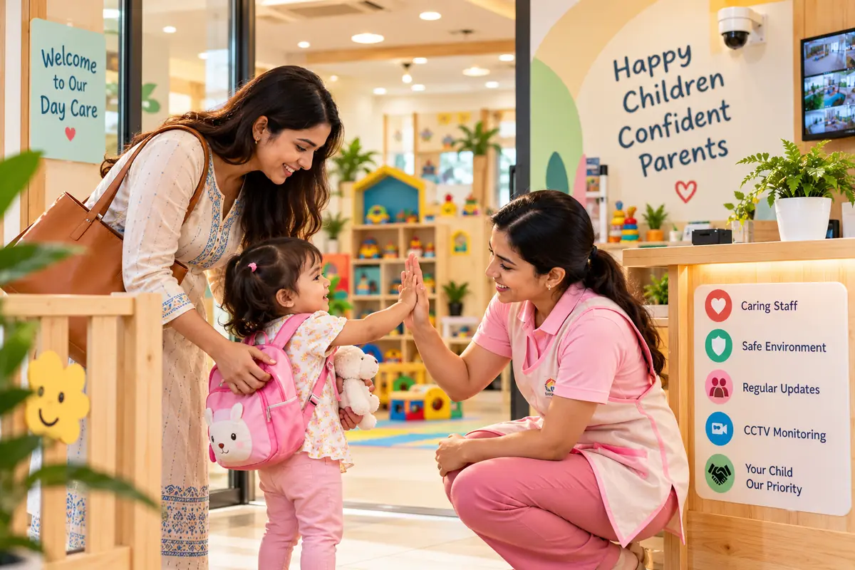 Caregiver welcoming a parent and toddler at our baby day care in Rajeev Nagar, Patna