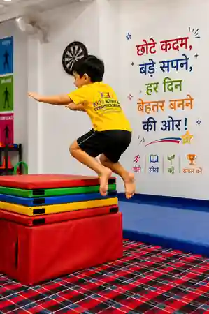 Boy performing a high jump during gymnastics training at our Rajeev Nagar centre in Patna