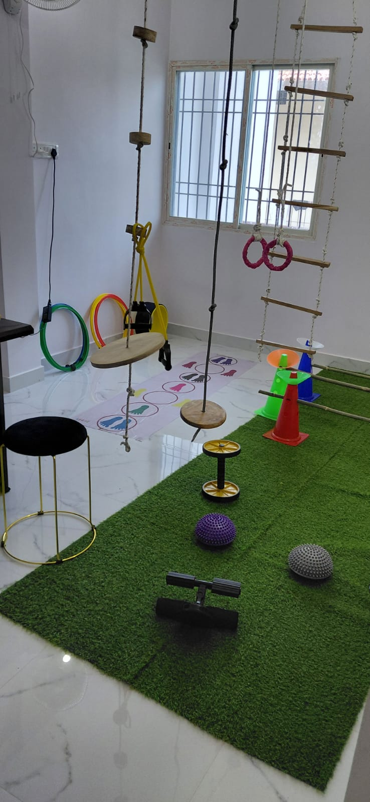 Rope swings, balance equipment and textured mats in the sensory motor activity room