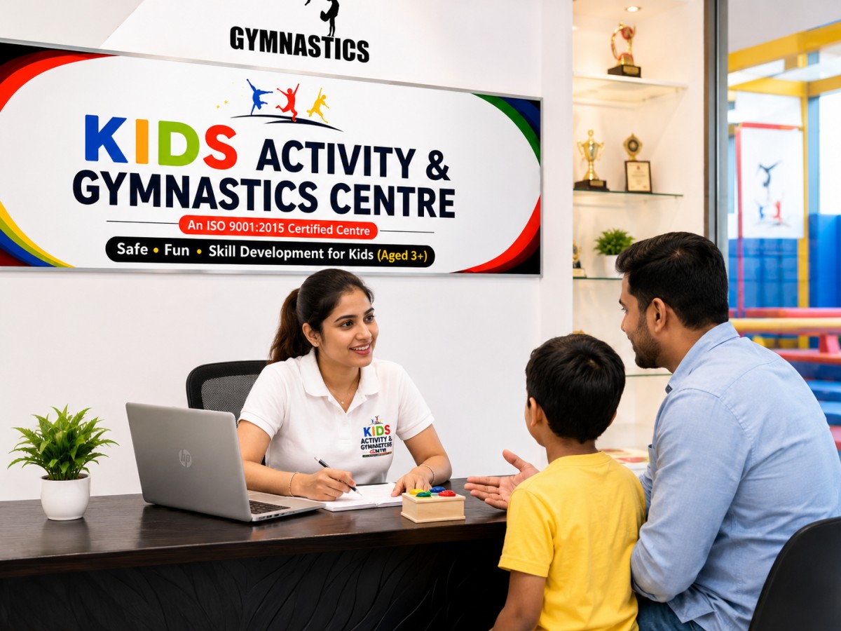 Reception area at Kids Activity & Gymnastics Centre Patna with happy parents