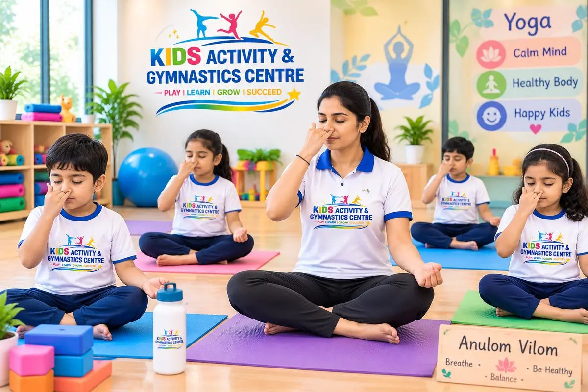 Children seated and learning Anulom Vilom pranayama at our Patna kids yoga centre, Rajeev Nagar