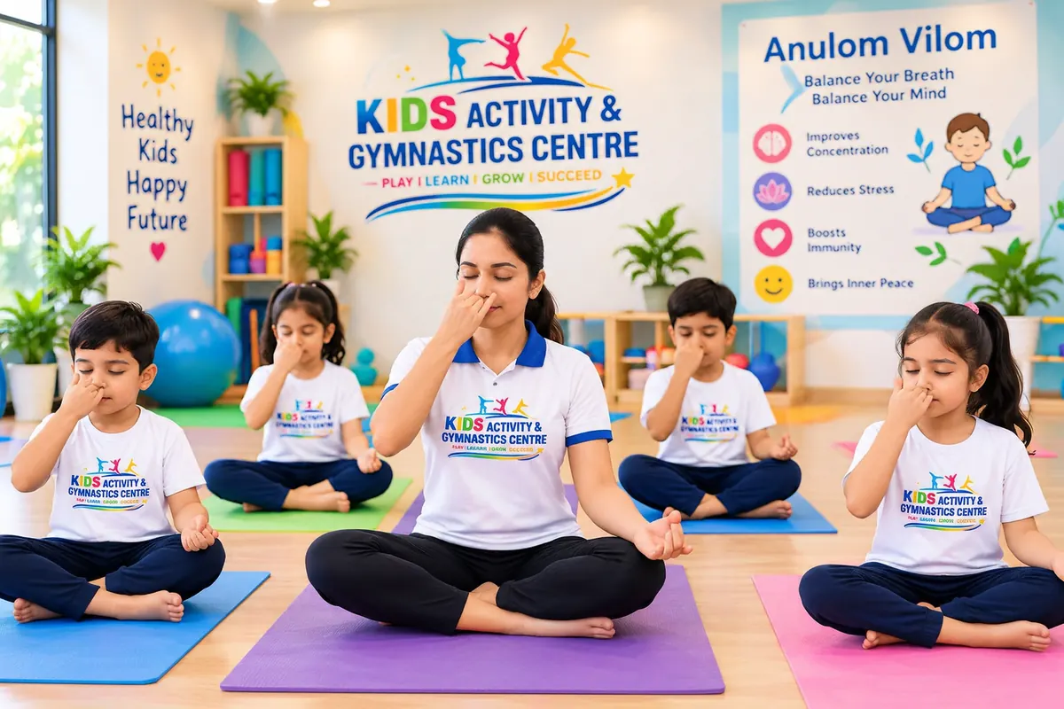 Clean kids yoga classroom with mats laid out at Kids Activity & Gymnastics Centre, Rajeev Nagar, Patna