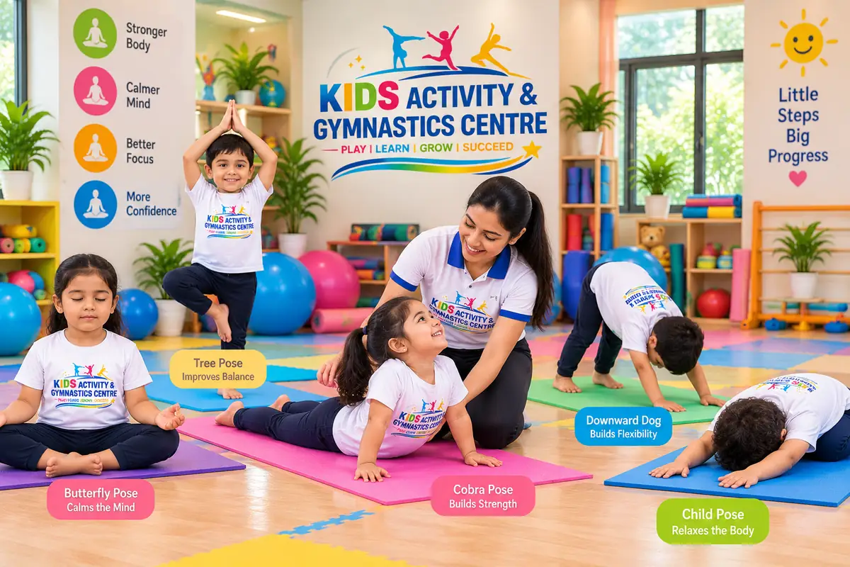 Children in a group kids yoga session seated on mats at our Rajeev Nagar centre, Patna