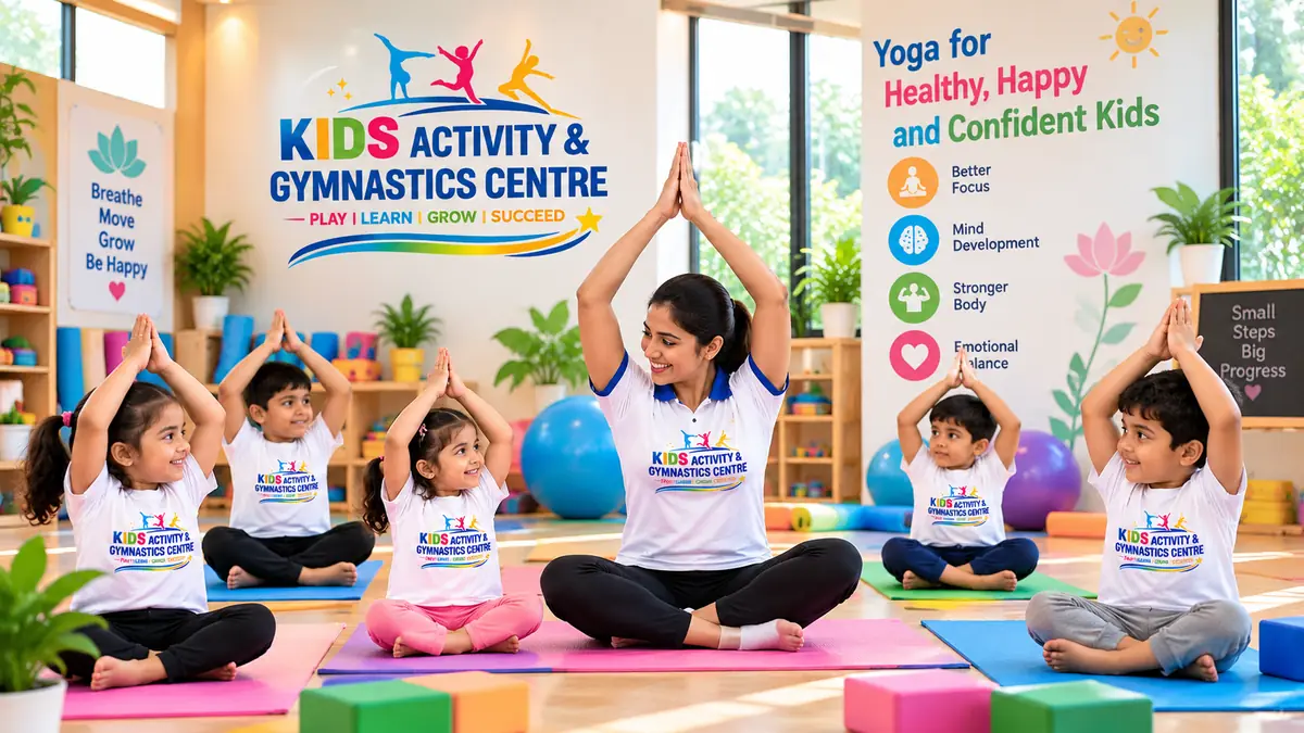 Yoga trainer demonstrating a seated asana to kids at Kids Activity Centre, Rajeev Nagar, Patna